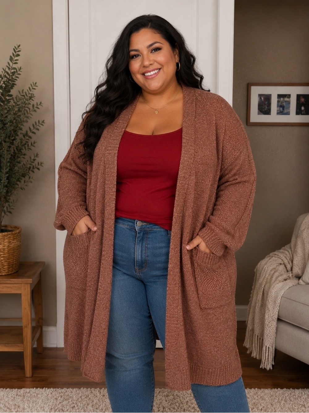 Nine West Open-Front Cardigan in Rust Brown